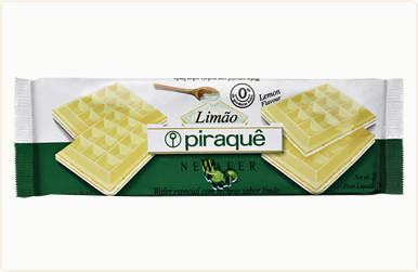 newafer limao.jpg - Açúcar, farinha de trigo rica com ferro e ácido fólico, gordura vegetal interesterificada, maltodextrina, amido de milho, leite em pó e sal. Estabilizante: lecitina de soja, fermento químico: bicarbonato de sódio, corante natural carmin de cochonilla, acidulante: ácido cítrico e aroma natural reforçado de limão e acidulante: ácido cítrico. CONTÉM GLÚTEN.Porção por 100 g (10 unidades).